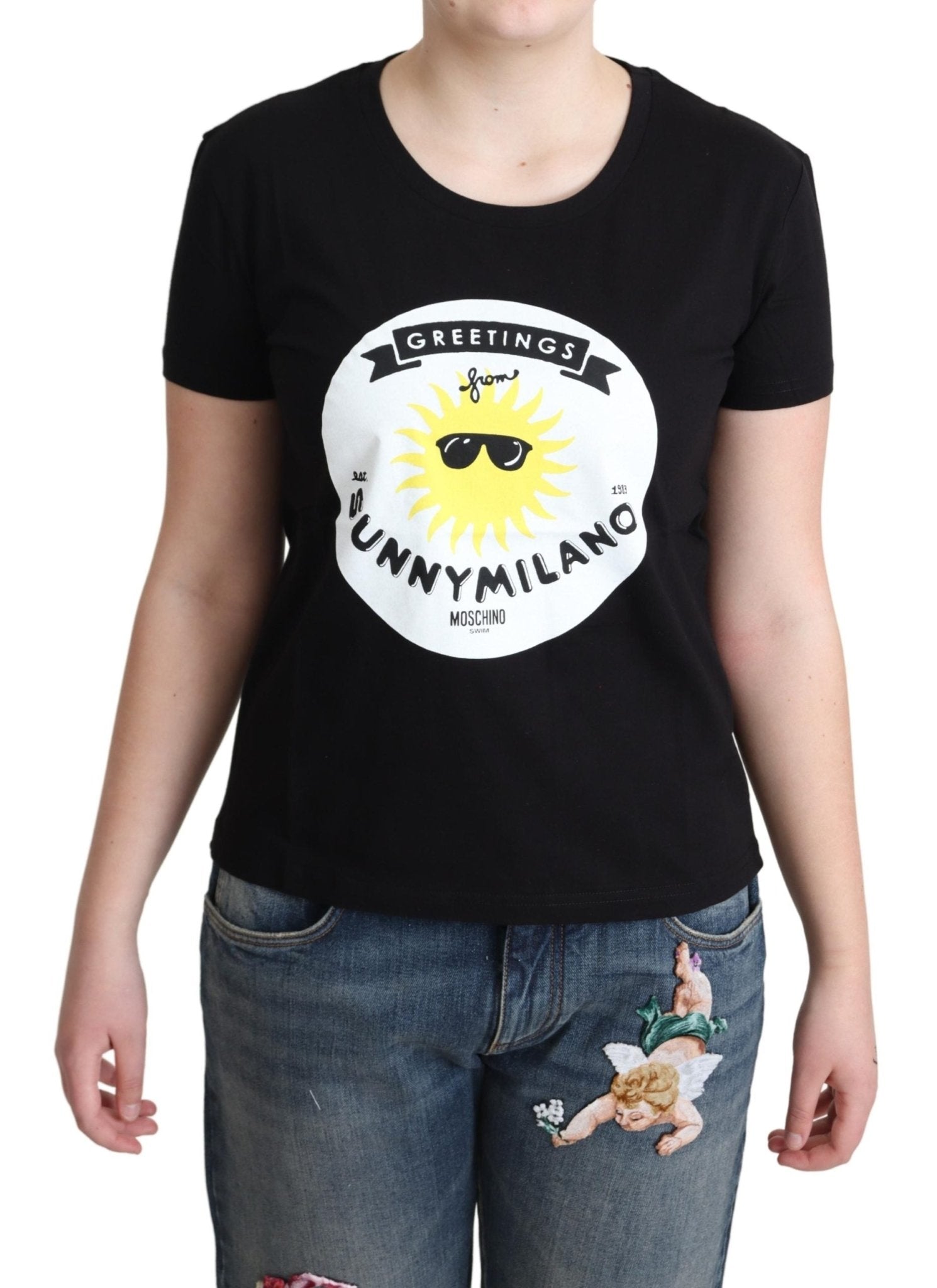 Moschino Black Cotton Sunny Milano Print T-shirt - Fizigo