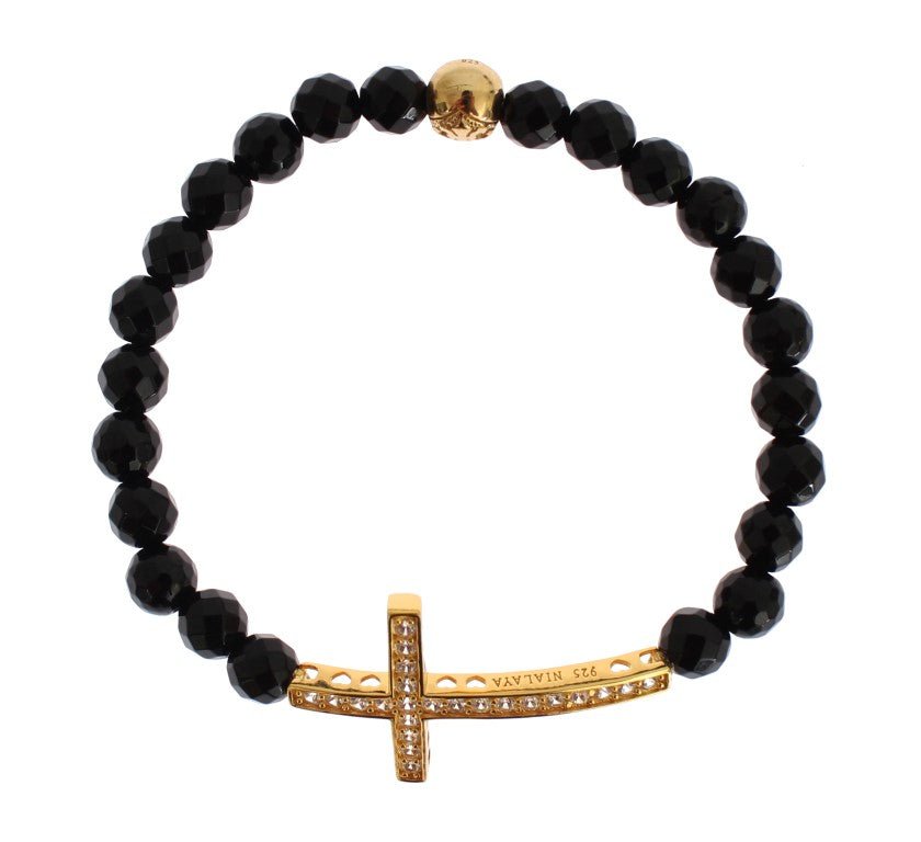 Nialaya Agate Stone Gold CZ Cross 925 Silver Bracelet - Fizigo