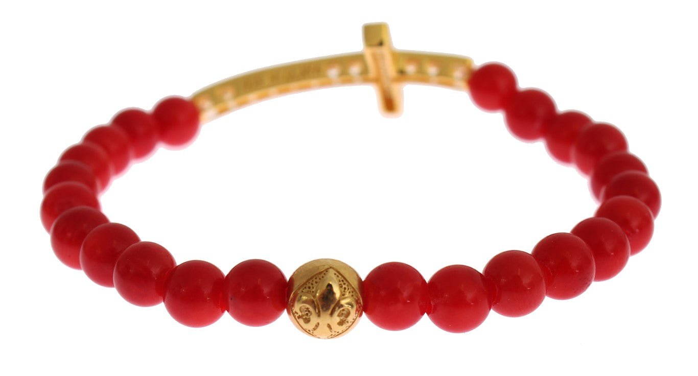 Nialaya Red Coral Gold CZ Cross 925 Silver Bracelet - Fizigo