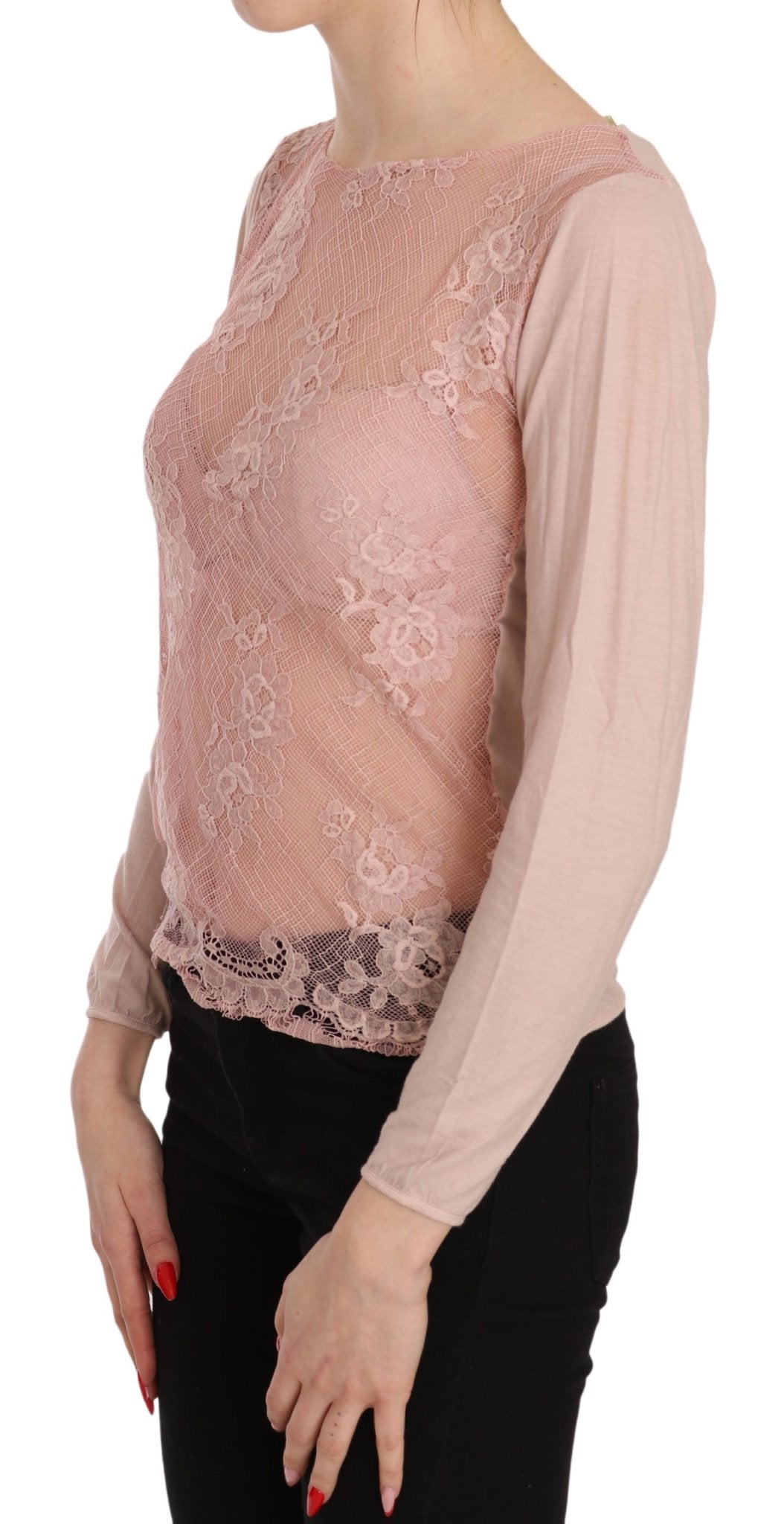 PINK MEMORIES Pink Lace See Through Long Sleeve Top Blouse - Fizigo