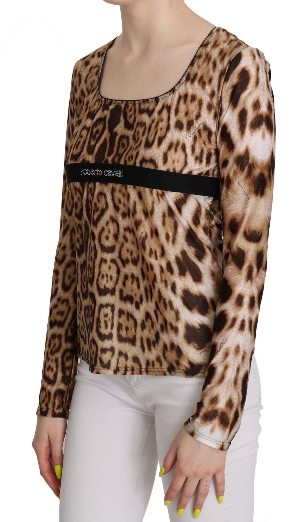 Roberto Cavalli Brown Round Neck Leopard Women Top Blouse - Fizigo