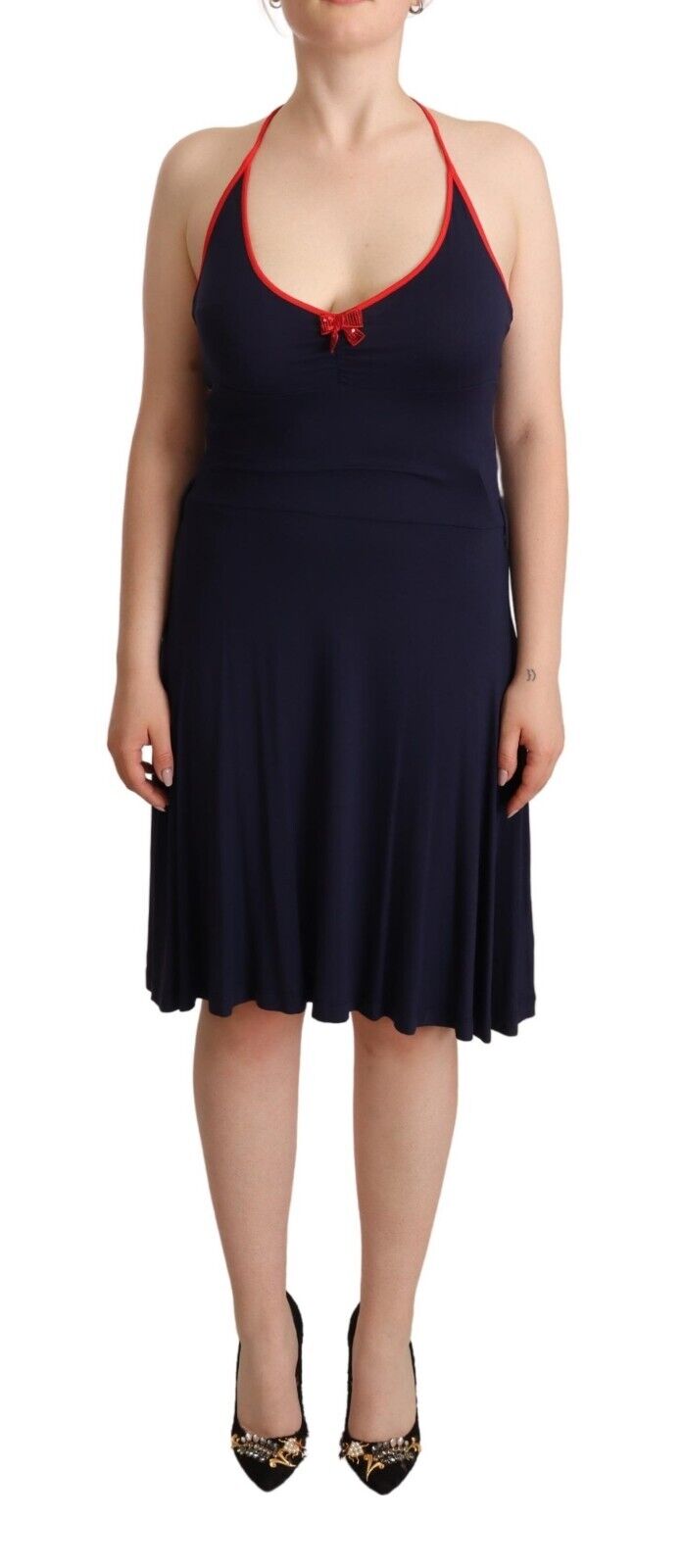 Roccobarocco Navy Blue Sleeveless Halter Sheath Midi Dress - Fizigo