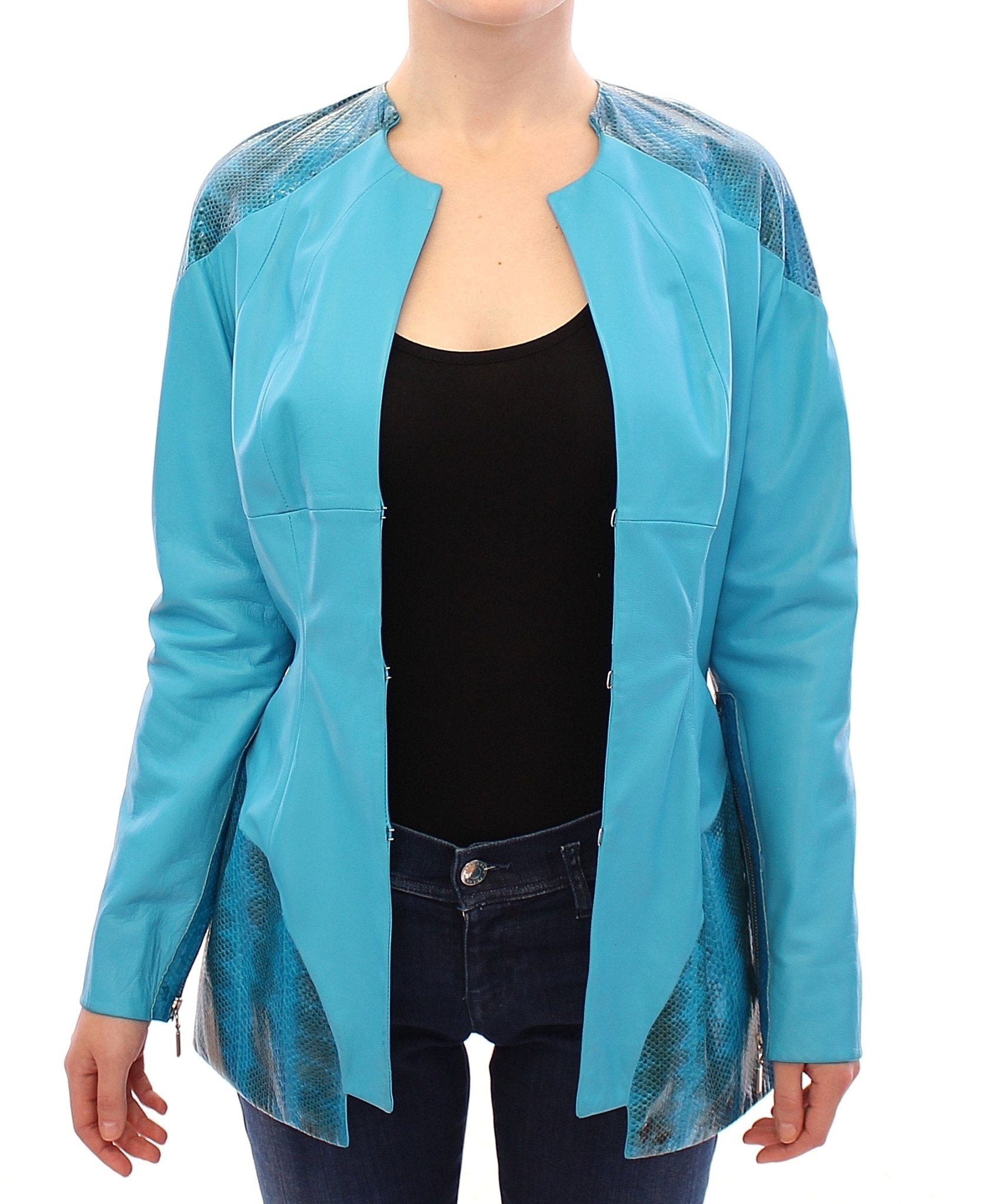 Vladimiro Gioia Blue Leather Snake Print Jacket - Fizigo